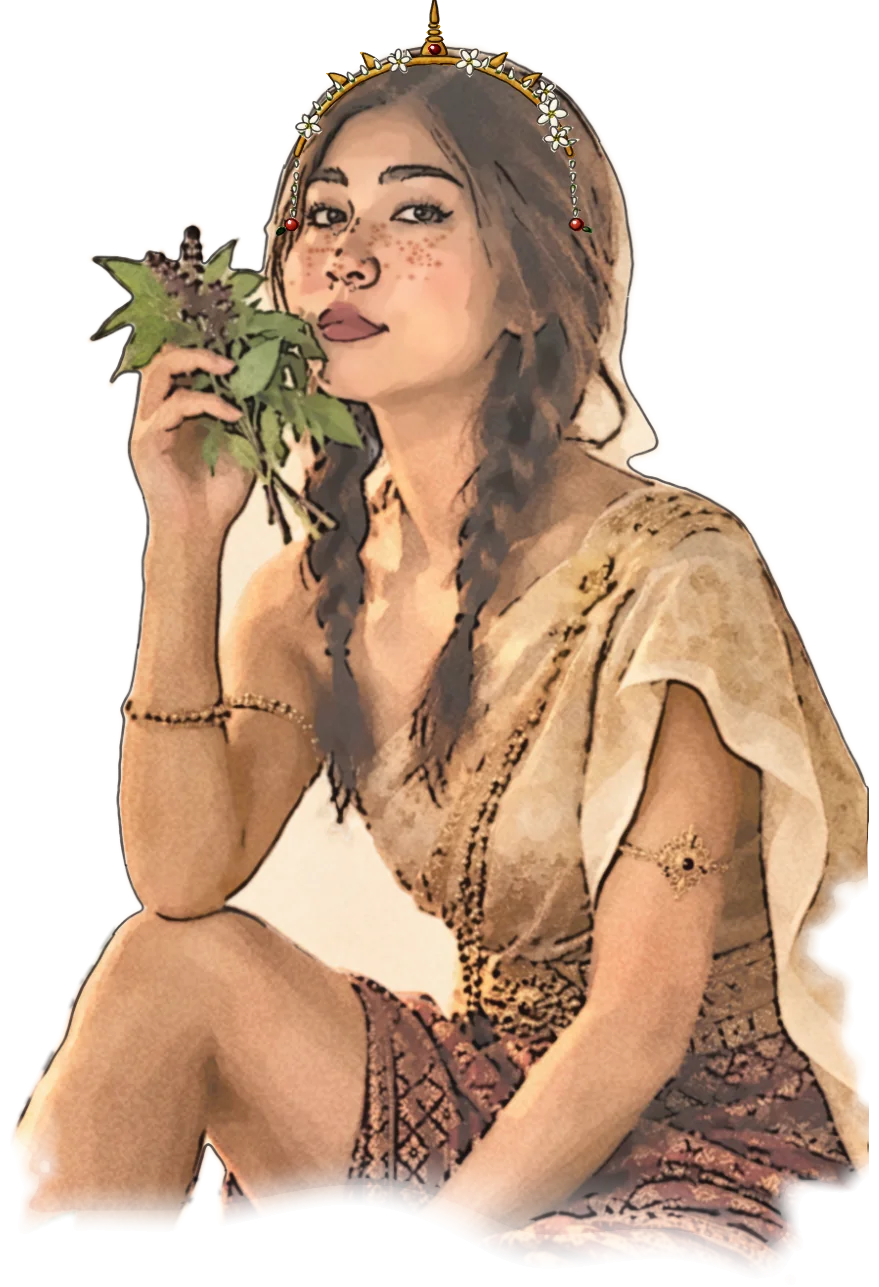 Portrait illustré de Taki en tenue traditionnelle thaïe, entourée d'ustensiles de cuisine et d'herbes