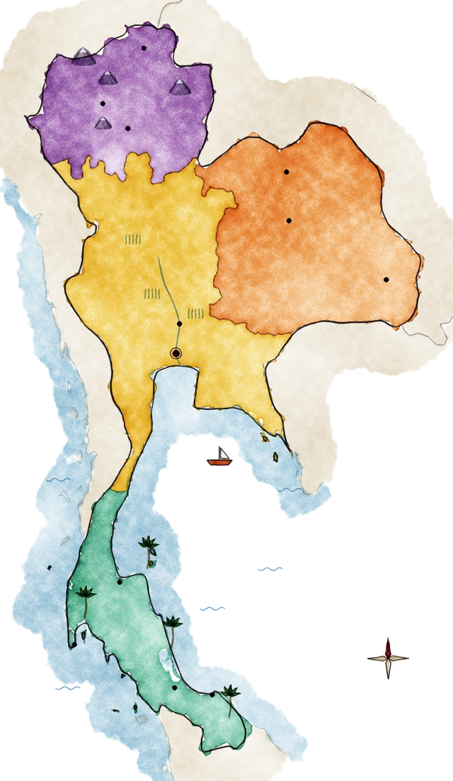 Carte illustrée de la Thaïlande et de ses quatre régions culinaires